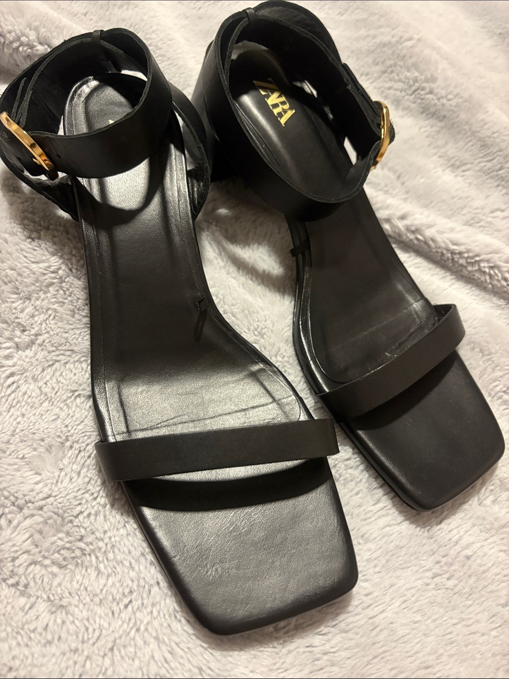EUC Zara Black Square-Toe Ankle-Strap Heels with Block Heel Size 40